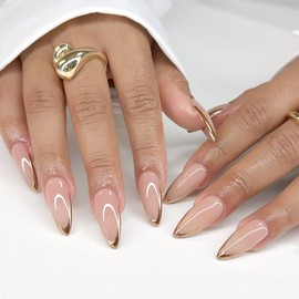 24Pcs French Tip Press on Nails Medium Almond Fake Nails with Glue Reusable Nude Acrylic Nails Gold French False Nail Tips Full Cover Glossy Stick on Nails for Women Girls Nail Design Supplies