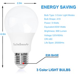 Scheinenda A19 3-Color LED Light Bulbs with Warm White, Daylight, Natural White, Color Changing Light Bulb, 9W (60 Watt Equivalent), 800 Lumen, E26 Standard Base,CRI 80+, ETL FCC Listed, 6 Pack