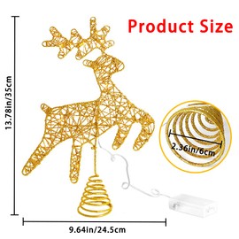 JOICEE Christmas Reindeer Tree Topper,Christmas Gold Hollow Glitter Tree Topper with LED Lights for Christmas Tree Decoration, Big Xmas Tree Top for New Year Holiday Decorations.