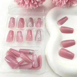 Coffin Press on Nails Short False Nails with Plaid Lines Design Glitter Glue on Nails Pink Full Cover Nails Press ons Glossy Fake Nails Artificial Stick on Nails for Women Girls 24Pcs