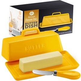 Ceramic Butter Dish Set with Lid and Knife - [Yellow]- Decorative Butter Stick Holder with Handle for 1 Stick of Butter - Microwave Safe, Dishwasher Safe - Anti-Scratch Stickers Included