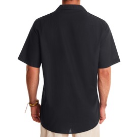 Alimens & Gentle Mens Linen Shirts Short Sleeve Button Down Shirts Cotton Summer Beach Cuban Shirts Vacation Hawaiian Shirts Black