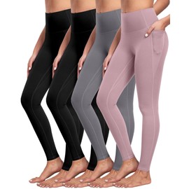 NORMOV 4 Packs Yoga Leggings with Pockets for Women, Soft High Waisted Tummy Control Workout Pants(2Black/Dark Gray/Pink,M)