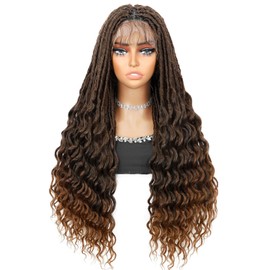 Lady Hanne Knotless Goddess Curly Wigs for Black Women Double Full Lace Dreadlock Curly Wig with Baby Hair Ombre Brown Square Lace Synthetic Faux Locs Curly Hair 30 Inch