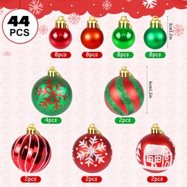 SelfTek 44 Pcs Christmas Baubles, 6cm and 3cm Shatterproof Christmas Tree Baubles Xmas Hanging Balls Pendants Ornaments for Christmas Holiday Party Home Decorations, Red & Green