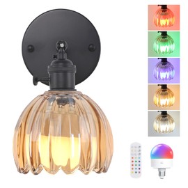 Shenmoyl Vintage Battery Operated Wall Sconce with Amber Tulip Glass Lampshade Wireless Rechargeable Battery Powered Black Wall Light with Remote Control for Bedside Bedroom Doorway