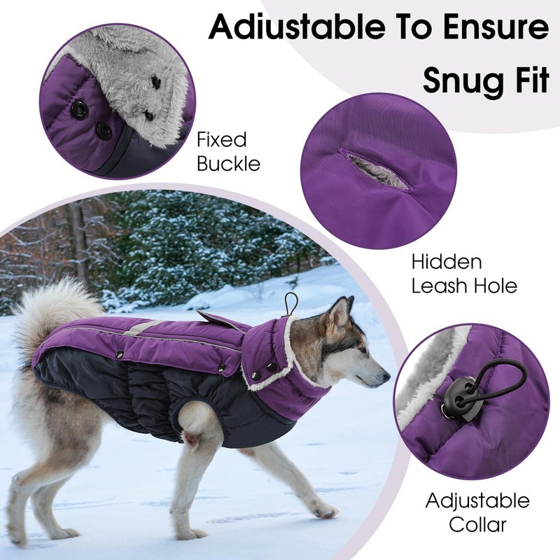 Queenmore Warm Fleece Dog Jacket, Cold Weather Waterproof Snowsuit, Reflective