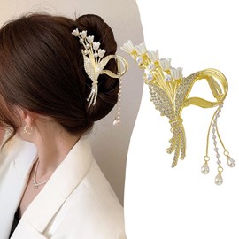 Flower Large Hair Claw Clips Flowers Metal Claw Clips Non Slip Jaw Clip Tassel Pearl Cute Hair Accessories Floral Rhinestone Hair Clip Strong Hold Fashion Jaw Clamps for Women Styling Decoration