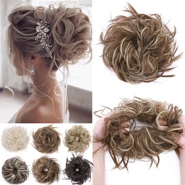 S-noilite Tousled Updo Messy Hair Bun Hairpiece Wavy Ponytail Bun Scrunchies Extensions Fluffy Wrap Donut Scrunchy Chignon Synthetic Hair Piece for Women 1Pc Light Brown with Blonde Highlights