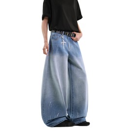 DFGIGT Men's Hip-hop Wide Leg Baggy Jeans Y2k Skater Loose Fit Denim Pants Straight Leg Relaxed Fit 2000s Extreme Motion Skater Skateboard Street,G9 Light Blue,X-Large