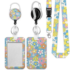 Retro Flowers ID Badge Holder with Lanyard, Badge Holder with Retractable Reel Clip, Work Name Tag Breakaway Lanyard Vertical ID Card Protector Case for Women Nurse Nursing Doctor Teacher Student