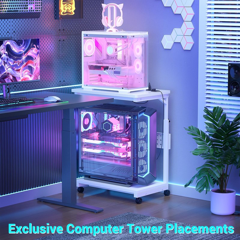Computer Tower Stand with Power Strips, Height Adjustable PC Tower