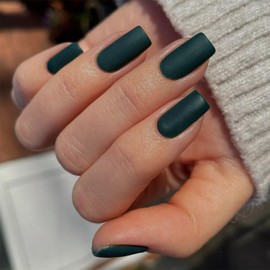 KQueenest Matte Forest Green Press on Nails Short Medium Square, Natural Fake Nails Acrylic for Women Finger Wear, Salon Gel Glue on Nails Short Coffin, Fall Winter False Nails Set, 24 Pcs No Glue