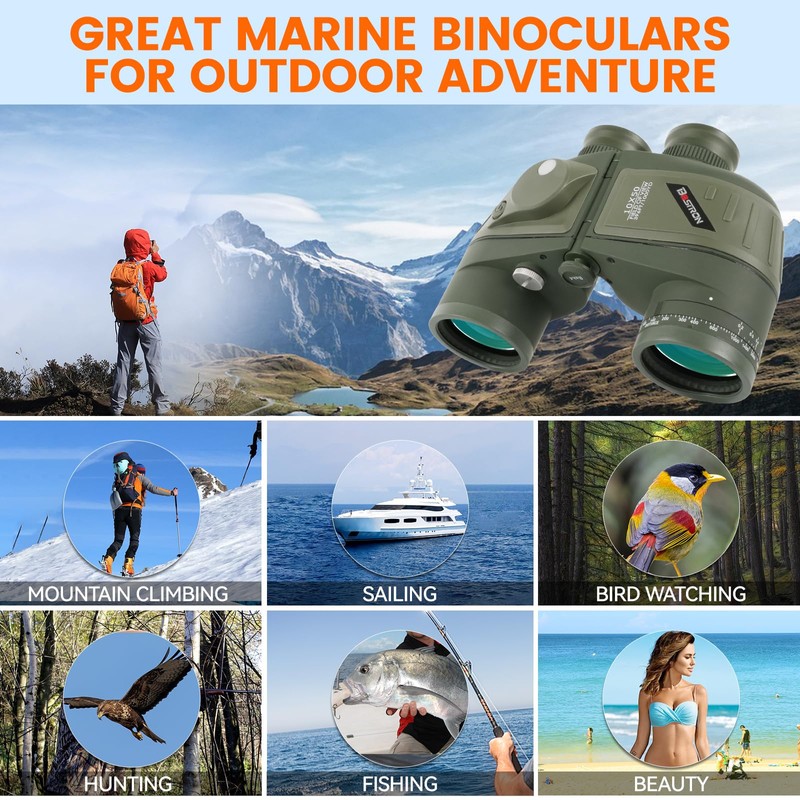 BOSTRON 10X50 Marine Binoculars with Rangefinder Compass, IPX7 Floating Waterproof