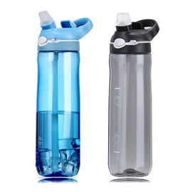 DEARART 2-Pack 24oz Light Blue & Black Water Bottles With Straw, Leakproof BPA FREE Hidden Nozzle, Flip Up Lid Has Handle Wide Bottle Easy Clear, Suit Office Outdoor Sports Travel Gym.