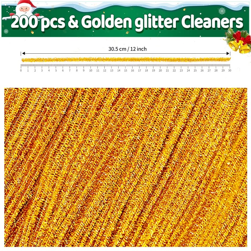 Iooleem 200pcs Golden Glitter Pipe Cleaners, Glitter Chenille Stems, Pipe