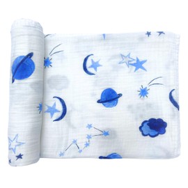Margaux & May Muslin Swaddle Blanket, Receiving Blanket for Baby Boys and Girls, Space Print, 70% Viscose from Bamboo and 30% Organic Cotton, Large Baby Nursery Blanket, 47 x 47 Inches