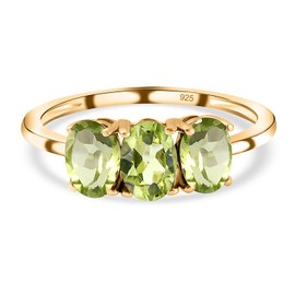 TJC Peridot Three Stone Ring for Women in 14ct Yellow Gold Plated 925 Sterling Silver Size L Prong Setting Forever Together Green Coloured August Birthstone Metal Wt. 1.1 Grams