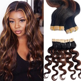 Body Wave Tape in Hair Extensions Human Hair for Black Women, Natural Black to Chocolate Brown Highlights Body Wave Tape ins Human Hair Extensions Seamless Invisible Human Hair Tape in Extensions 12”