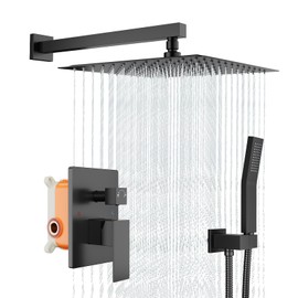 GarveeTech Bathroom Shower Faucet Set, 10 Inch Rainfall Shower Head With Handheld Combo, Wall Mounted Shower System Shower Fixtures With Pressure-Balanced Valve,Matte Black