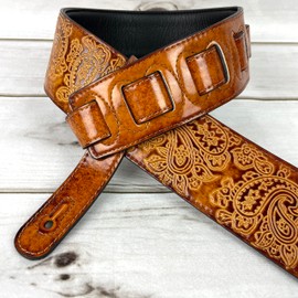 Walker And Williams GB-31 Handmade Latigo Tan Padded Guitar Strap with Vintage Paisley Pattern For Acoustic, Electric, And Bass Guitars, Latigo Tan, Regular