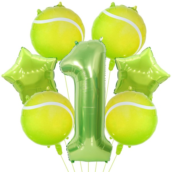 7Pcs Tennis Party Decorations, Tennis Birthday Number Mylar Foil Balloons for Men Women Kids 1st Sports Theme Party Supplies