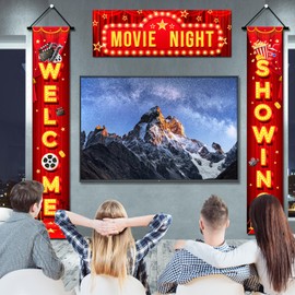 Movie Night Porch Sign Banner, 2 Pcs Movie Night Porch Banner Theme Door Banner & 1 Pcs Door Top Banner for Birthday Party Decorations