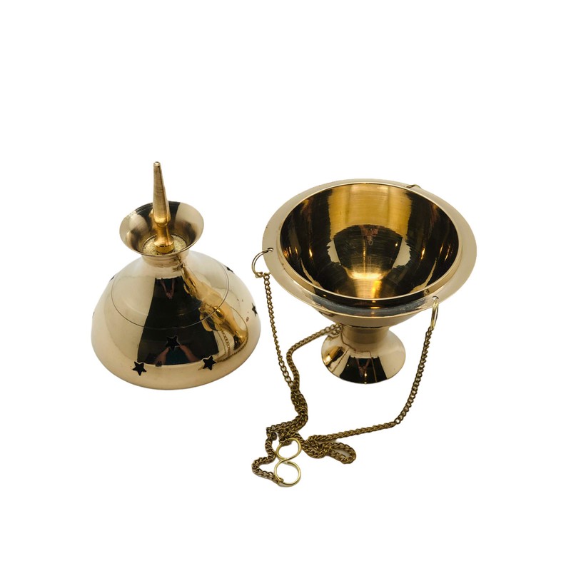 Brass Hanging Censer, Charcoal Incense Burner with Chains, 7" High