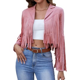 Womens Casual Faux Leather Jacket Fringe Tops Tassel Suede Cropped Coats Motorcycle Jacket Cow Girls Outfits Country Concert Western Coats Cowgirl Pink L