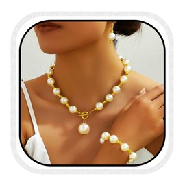 Zoestar Bridal Jewelry Set Pearl Necklace Earrings Baracelet Sets Dressy Formal Jewelry Set for Women (Gold)