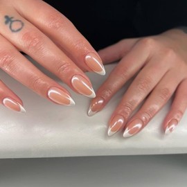 30 Pcs Chrome Press on Nails - French Tip False Nails - 24pcs Medium Almond Press On - Fake With Glue - Acrylic Glossy Nude With White Tips Designs - Full Cover Glue On