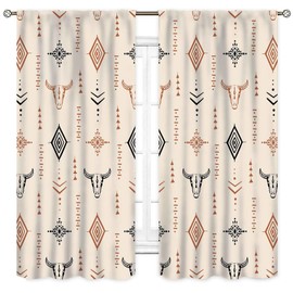 Western Curtains, Rustic Retro Aztec Bull Skull Southwest Tribal Ethnic Farmhouse Rural County Cowboy Boho Beige Western Window Drape Treatments for Bedroom Living Room Kitchen, 42"x45" Inch