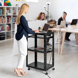 DWVO AV Cart with Wheels and Power 16.4ft Extra-Long Cord, Metal Presentation Cart with Keyboard Tray, Rolling Large Media Cart with 2 Locking Brakes, Easy to Assemble, Black