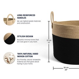 OrganiHaus Black Cotton Rope Basket w/Handles 20x13 | XXXLarge Blanket Basket Living Room | Large Woven Basket for Storage | Towel Basket for Bathroom | Large Basket for Toys | Woven Laundry Hamper