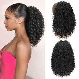 ZAVIDE Ponytail For Black Women Drawstring Ponytail Curly Hair Short Ponytail Extension Pony tails Drawstring Hair Pieces Human Hair Feeling For Daily Use (#1B)