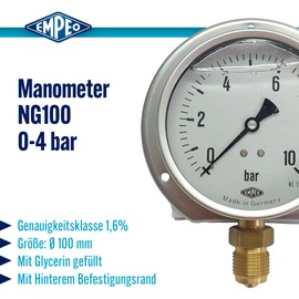 EMPEO by Messbo Pressure Gauge, NG 100 0-4 bar, 100 mm Diameter, G1/2 Inch Connection Bottom, Mounting Rim, Tube Spring Manometer, Stainless Steel Housing, Filled with Glycerine