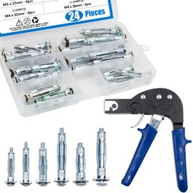 BESTYCHAO 24pcs Hollow Wall Anchors, 6 Sizes Molly Bolts Wall Anchor Assortment Kit with Metal Setting Tool for Cavity Anchor Plasterboar Fixing