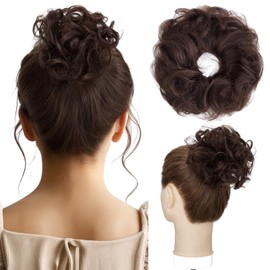 Hairro Messy Bun Human Hair Piece for Women, Dark Brown Curly Wavy Updo Scrunchies Fake Bun Hairpiece 100% Real Human Hair Extensions