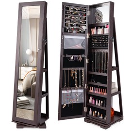 LOKO 360° Rotating Jewelry Armoire, Freestanding Jewelry Cabinet with Inside Makeup Mirror, 2-in-1 Lockable Jewelry Organizer w/Full-Length Mirror for Women (Espresso)