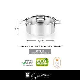 BRA COOKWARE Signature Casserole w/Glass Lid | 9.5 inches - 4 quarts Professional Pot | Stainless Steel Casserole | All Stovetop Compatible - Full Induction | PFOA Free Stock Pot | Polished Finish