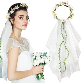 BOFUNX Flower Wreath Hair with Veil Flower Crown Wedding Flowers Headband Women's Hair Band Hair Accessories for Wedding JGA Party