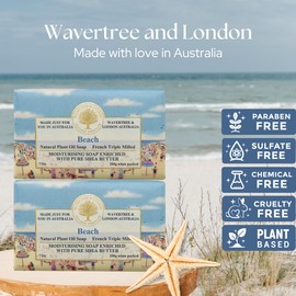 Wavertree & London Beach Scented Natural Soap (2 Bars), 7oz Moisturizing French Triple Milled Soap Bars enriched with shea butter - Pure Plant Based Bath & Body Bars for All Skin Types