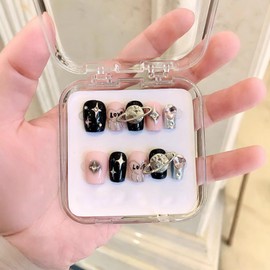 Handmade Press On Nails Middle Long MouyouGlow, Ballerina Black 3D Silver Charms Stars Heart Rhinestone Y2K Coquette Black Love Resuable Fake Nails, Handmade Artificial Fingernails, 10 Pieces, 508-S