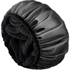 Shower Cap,terry Lined Shower Cap for Women Reusable, Triple Layer Waterproof Bath Cap, Extra Large for Women Long Hair (Black, One Size)