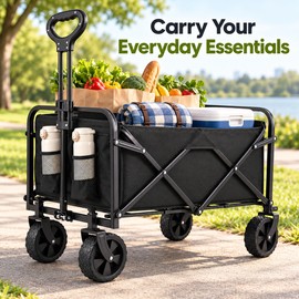 Heavy Duty Foldable Utility Wagon for Grocery Trips and Beach Outings – Steel Frame, Pull Handle & Drink Holders