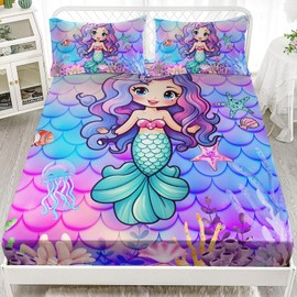 AILONEN Mermaid Fitted Sheet for Kids Girls Full Size, Mermaid Princess Bedding Set,Ocean Theme Bed Sheet Set,Purple Blue Watercolor Fish Scale BedSheets Set,1 Fitted Sheet 2 Pillowcases,3 PCS