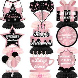 9Pcs Pink Black Happy Retirement Decorations Table Honeycomb Centerpieces Party Supplies Rose Gold Black Retirement Adventure Awaits Sign for Women Retired Decor Goodbye Signs