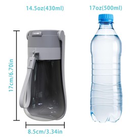 Foldable Dog Water Bottle [Grey, 430ml/15oz] Portable Walking Pet Water Dispenser Bowl Accessories Outdoor Hiking Travelling