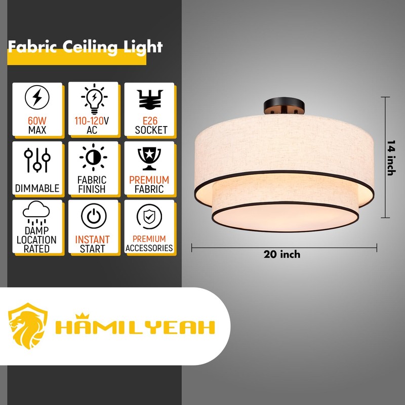 Hamilyeah 20 inch Semi Flush Mount Ceiling Light Fixture with