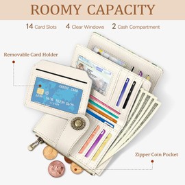 Icycay Hummingbird Small Wallet Women RFID Blocking Bifold, Cute Credit Card Holder, Zipper Coin Pocket, PU Leather, Compact, Travel, 4 ID Window, 14 Card Slots, Cash Purse, Ladies Woman Female Girls